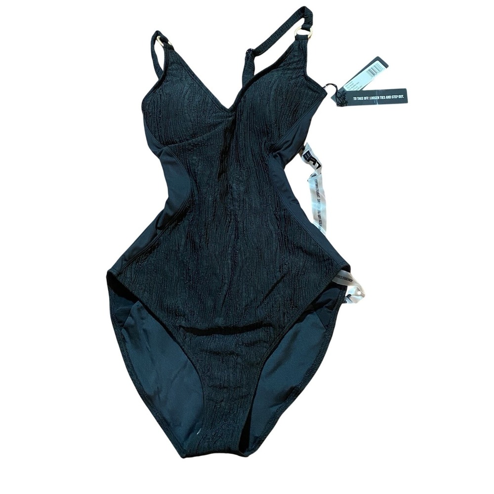 TA3 NWT Plungey  Ring One Piece Swimsuit Black Size XS XLong Slimming Shape Swim